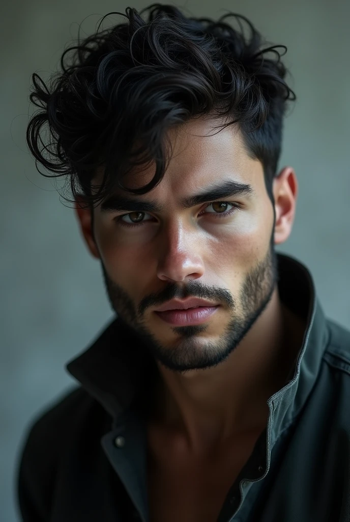 Dark-haired boy with curly hair and a beard