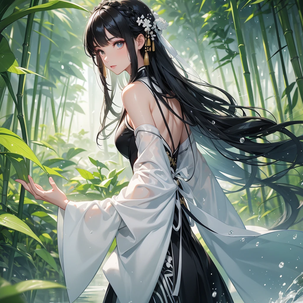 A black hair beautiful female in black-white hanfu dress , close up.

The back is a lush green bamboo forest. The air after rain has water droplets splashing around.