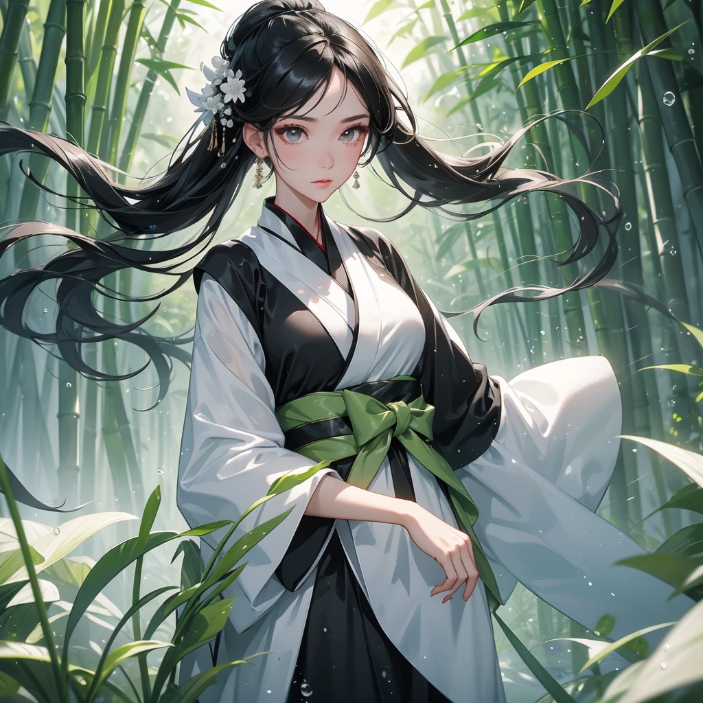 A black hair beautiful female in black-white hanfu dress , close up.
The back is a lush green bamboo forest. The air after rain has water droplets splashing around.