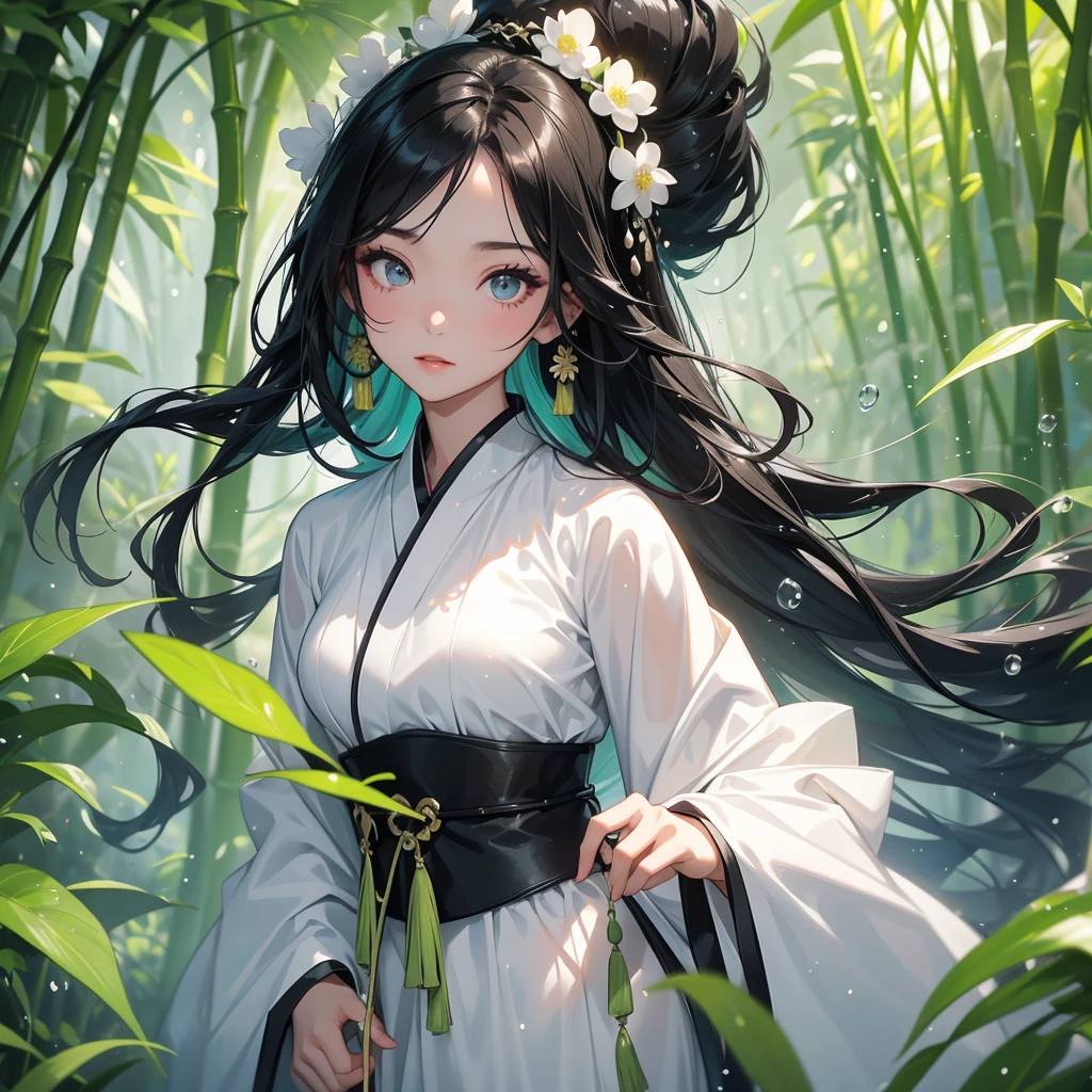 A black hair beautiful female in black-white hanfu dress , close up.
The back is a lush green bamboo forest. The air after rain has water droplets splashing around.