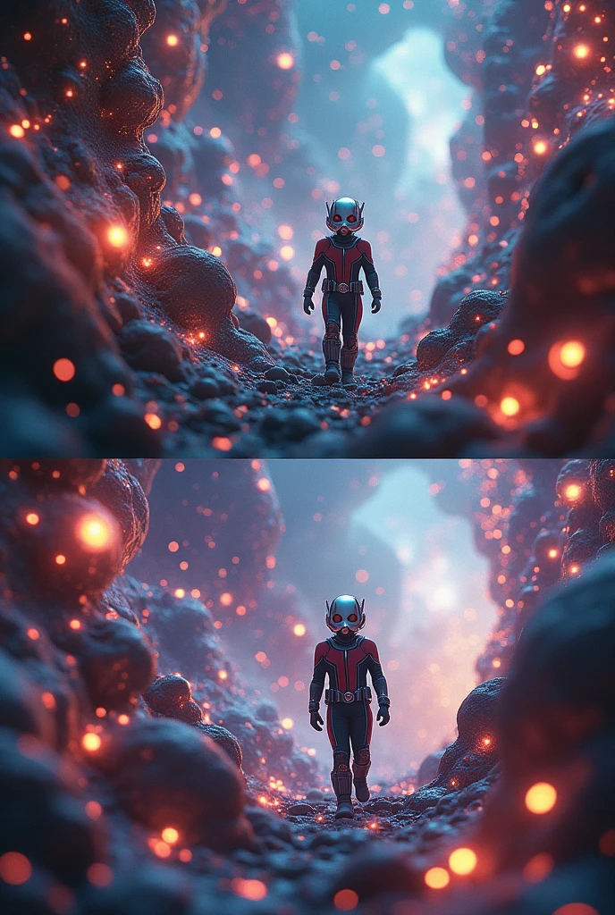 Two images with 5 differences of Antman in the subatomic quantum world