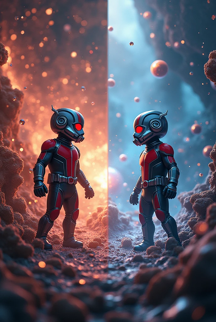 Two images with 5 differences of Antman in the subatomic quantum world