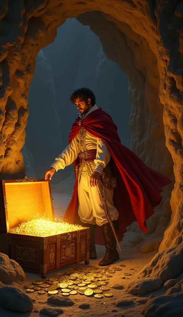 Edmond Dantès sur l'île de Monte-Cristo, découvrant un coffre au trésor dans une grotte éclairée par une torche. Les pièces d'or et les bijoux sont étincelants dans la lumière.