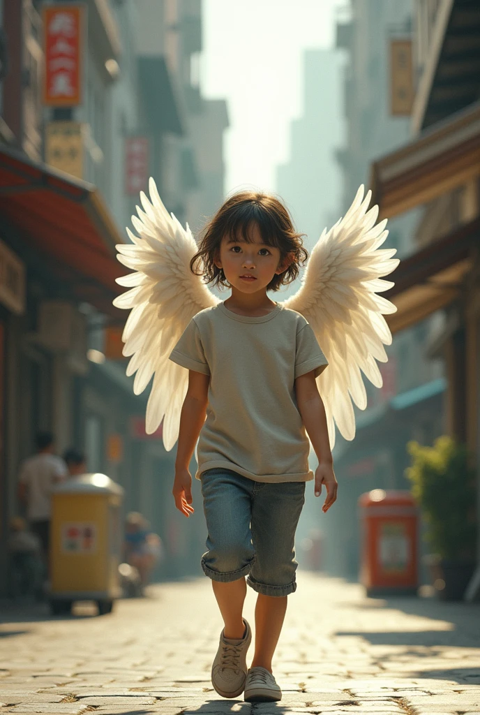 (photorealism:1.2), (8) A girl walking down the street and an angel behind her.