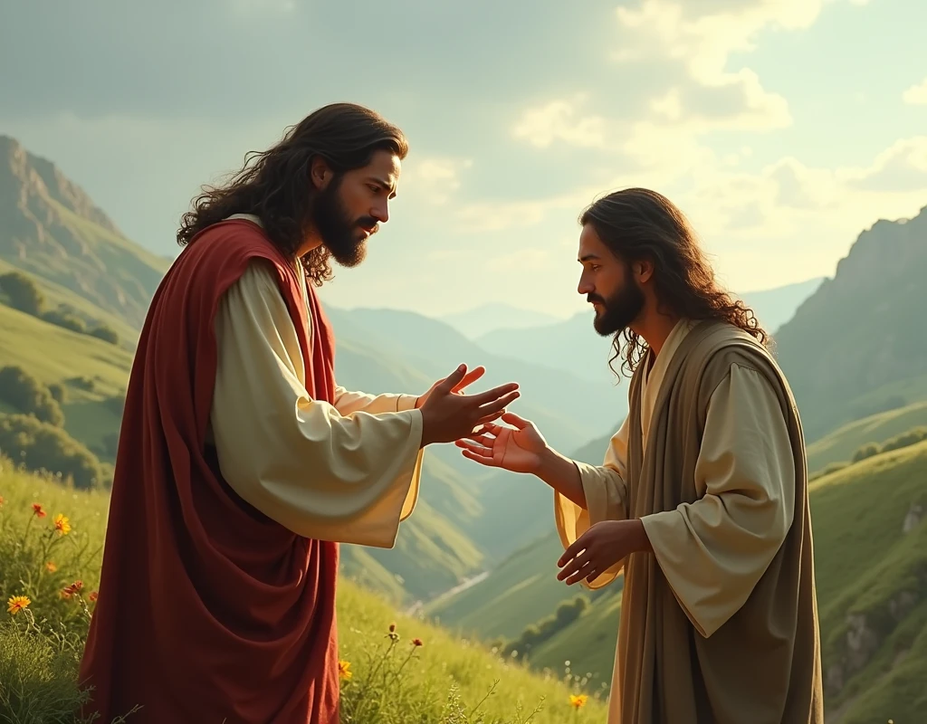 We need an image in which Jesus is trying to call his companion by holding out both his hands.