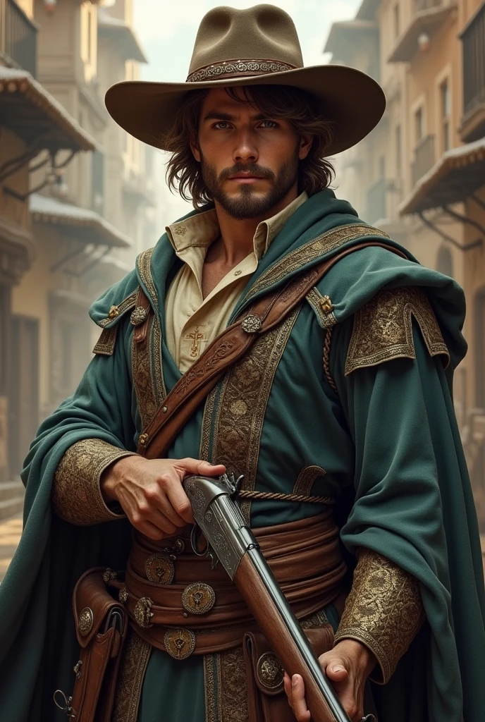 A medieval gunslinger r In elegant robes Male Brown hair Older Cowboy hat and with weapons With a beard and a musket