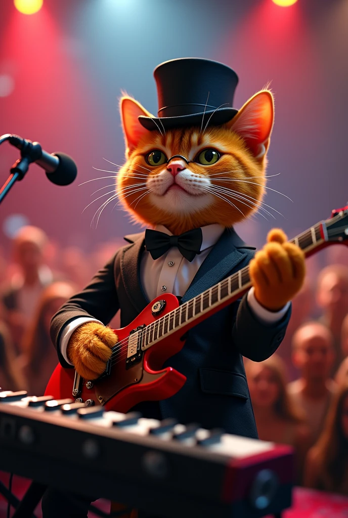 cat in the stage, kitty, cinematic angle, orange cat kitty, orange hair, wearing tuxedo, playing piano keytar,keyboard , top hat, monocle, bowtie, rock concert, rock festival,