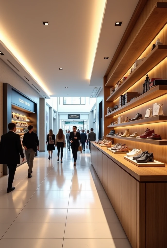 wooden countertop with shelves in shopping mall hallway