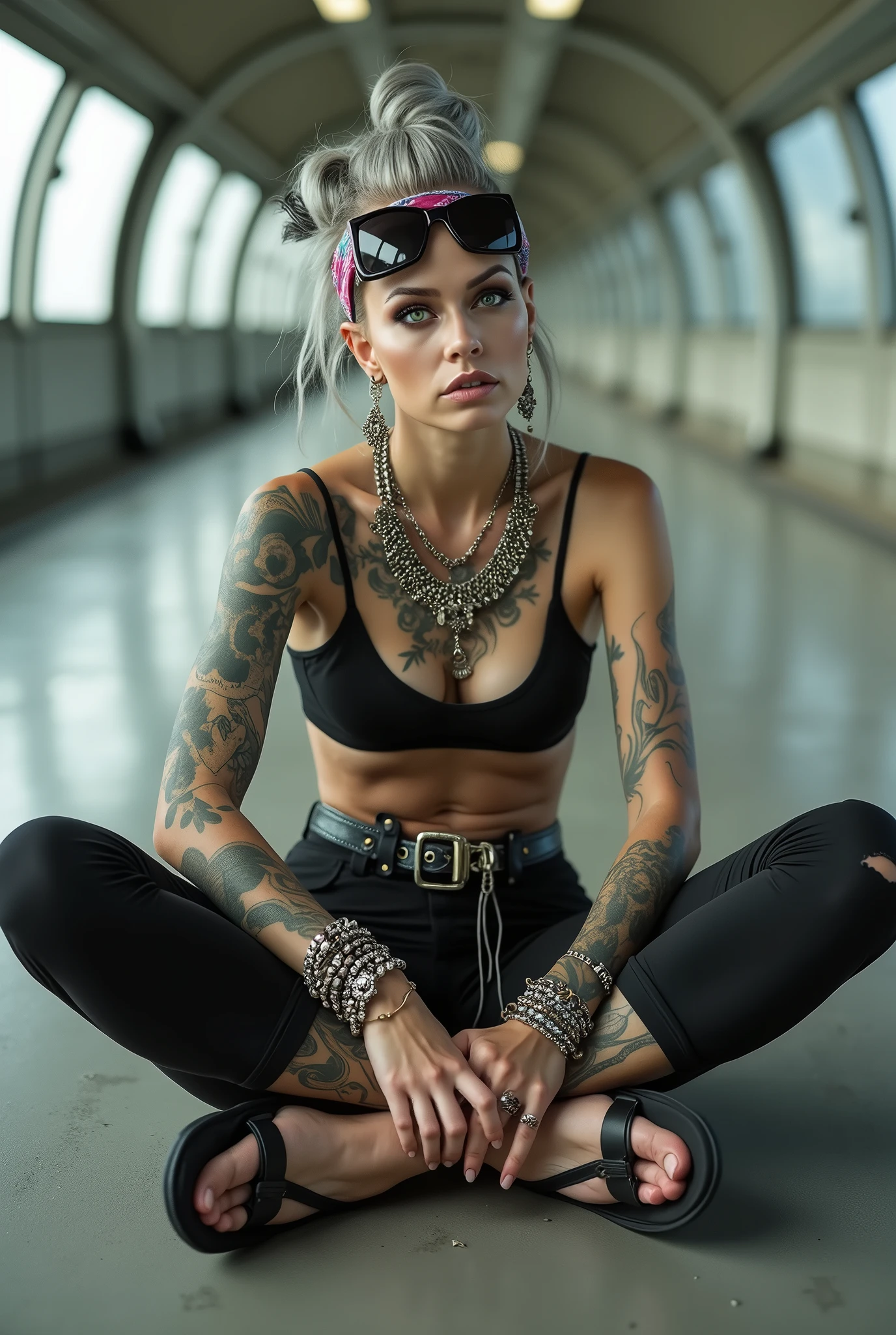 russian milf woman,  grey hair (bouffant, top bun) and oversized square sunglasses and wide  colourful bandana as headband, with very light green eyes, extremely pale. Big lips.  Aged cropped black moto jacket with side and sleeve zippers. Black lace push up bra, silicone breast,, black yoga pants with holes on knees.  Flip flops. Lots of thick wide studded bracelets, chain collars and big rings,. Additional crossed loose belts,. Long earrings with chains and feathers. Metal pendants. Bracelets in ankles. Sitting on the underground with legs apart. Neck, chest, stomach and wrists heavily tattoed. Toned abdominals, thin neck, slim legs and thin arms. Narrow hips and long legs. Exhausted, cracing face, chin up. Seen from above