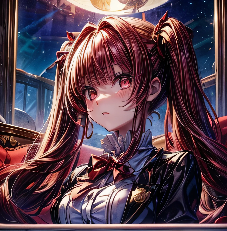 Umineko no Naku ni ni　Enju　uniform　　moon　School　night　Bangs Patsun　Dark red twintails　Crimson hair color