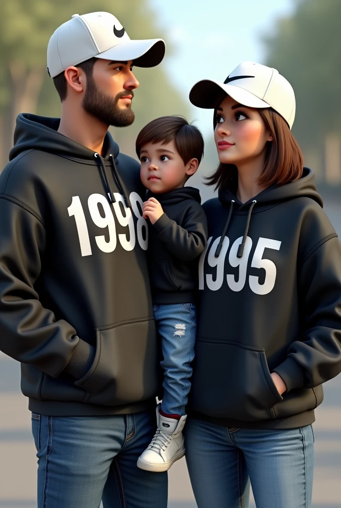 3D a man (without beard) with white nike cap,wear black hoodie with number 1998 on hoodie ,wears blue jeans while standing besides a  woman with white nike cap with short shoulder hair, wear black hoodie with number 1995 on hoodie ,wears blue jeans holding  boy with black hoodie 