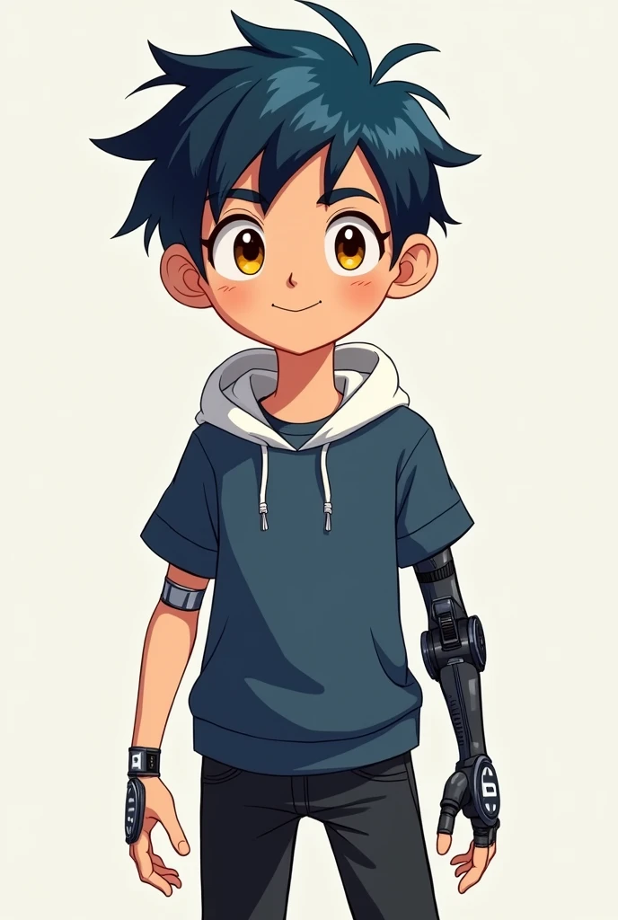 Make a cartoon-style boy with a gray bionic arm,white sweatshirt under dark blue shirt,black pants and yellow eyes,just the bionic right arm,and also the blue shirt is over the sweatshirt and his hair is a mix of blue and black,and make him seventeen years old,MDS, Are you stupid or what?? Only the right arm is bionic and the sweatshirt is under the shirt,and the shirt is blue and the sweatshirt is white The left arm is normal,CREATURE FROM HELL,THE LEFT ARM IS NORMAL KRLH OMG