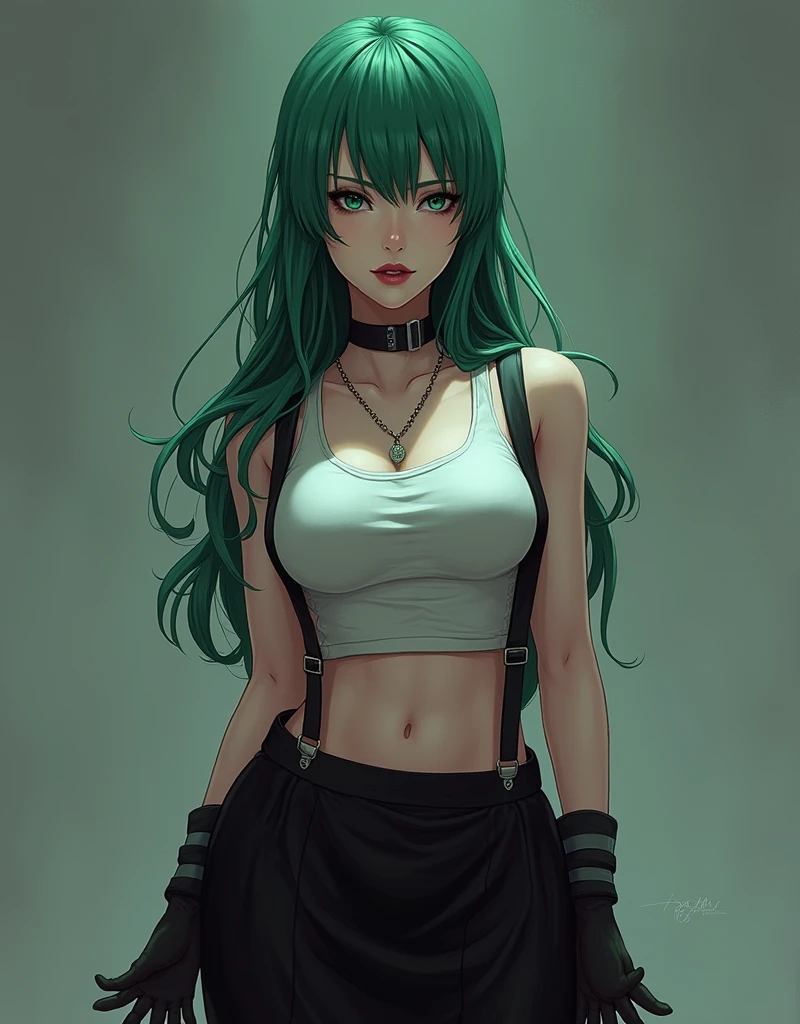 beautiful, (masterpiece:1.2), (best quality:1.2), perfect eyes, perfect face, perfect lighting, gothgirl, 1girl, mature adult woman, green hair, black skirt, breasts, crop top, fingernails, gloves, arms at side, large breasts, lips, long hair, midriff, nail polish, navel, on back, parted lips, blue eyes, skirt, solo, suspenders, (tank top), taut clothes, taut shirt, makeup, 