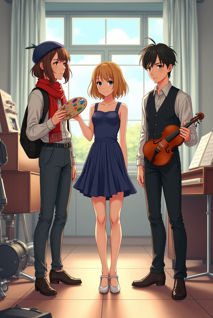 generate a picture where there will be three main people, students, one is an artist, the other is a dancer, and the other is a musician, in the background there will be other musical instruments and also in the picture, let there be an atmosphere of solidarity, let them be in the classroom and let it be seen from their appearance that one is an artist, the other is a musician, and the other is a dancer, let the dancer be the dancer the artist should be dressed as a dancer, with a scarf, a beret and a palette in his hand, and should be dressed in bright colors, and the musician should be classically dressed and hold a violin. Plis not anime stile .i want its been realistic drawing