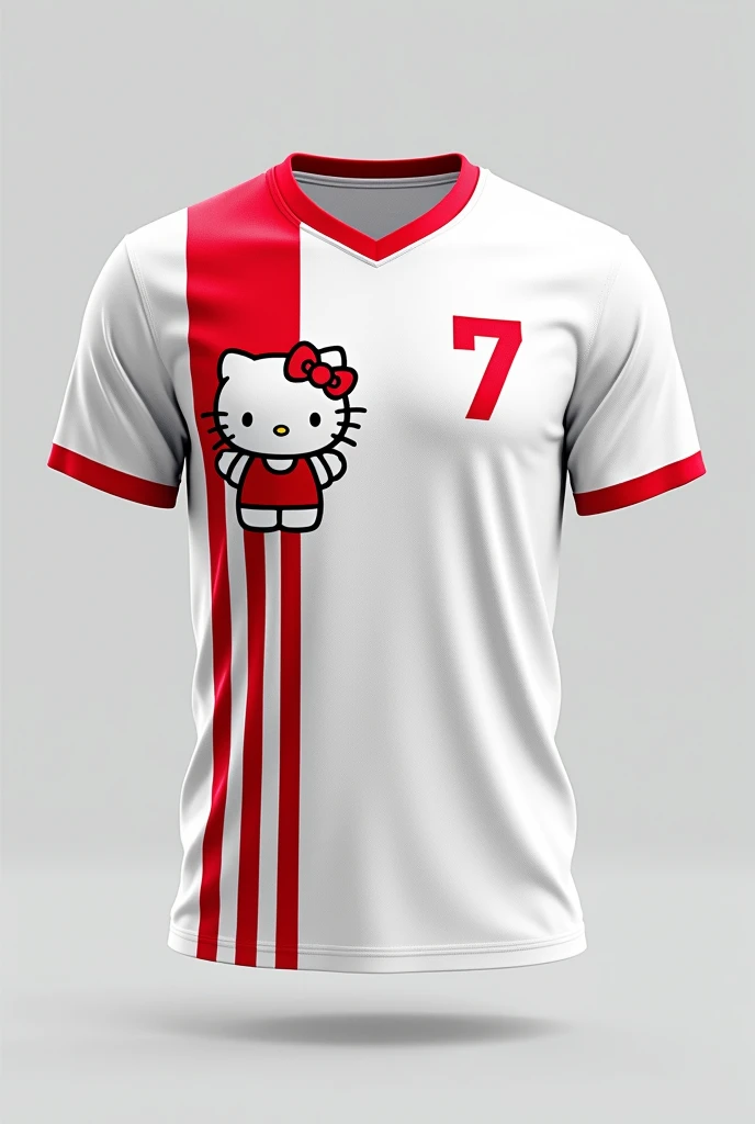 create a WHITE t-shirt with red STRIPE detail S BUT WITH DETAILS OF JAPAN and hello kitty with print for sports games team with design based on Japan with a few details of hello kitty ON THE T-SHIRT, as a detail and with the number 7 - make the front of the shirt and the back do not put any logo