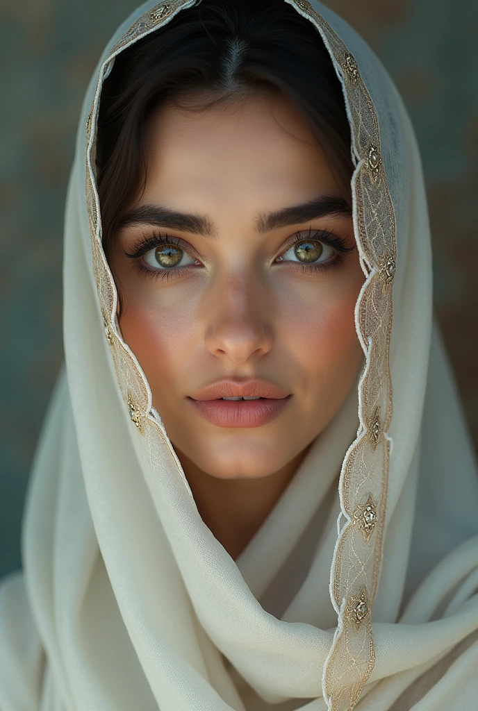 A beautiful Pakistani girl with her face covered with a veil, her two beautiful eyes out on face marks