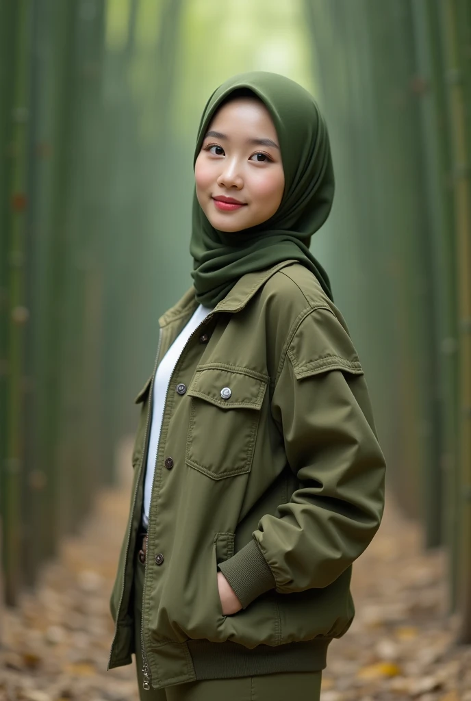 Korean girl with beautiful face, fair skin, well-groomed face, smiled faintly, olive green hijab , wearing an olive green bomber jacket, White shirt, cropped pants Lots of pockets, white shoes, posing standing in a bamboo forest, the details of her eyes are soft, the photo is the best quality, kualitas gambar realistic, diffuse background lighting, depth of field display. real photo, realistic