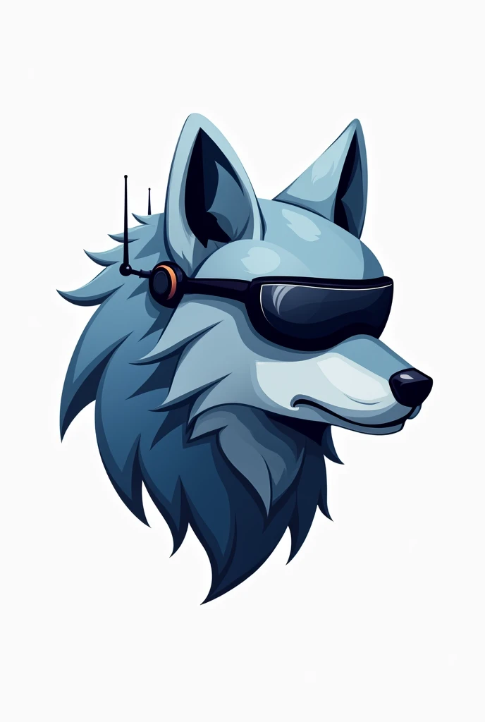 logo in 2d, wolf head with black drone goggles, 2 small antennas on the goggles, CUBISM in Blue and Silver, that the image has few details. looking to the right