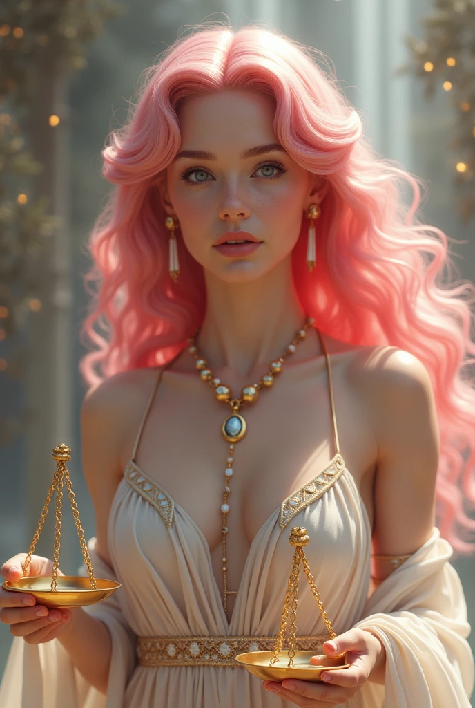 Generates an image of the Goddess Aphrodite with pink hair holding the golden scales of the Libra sign