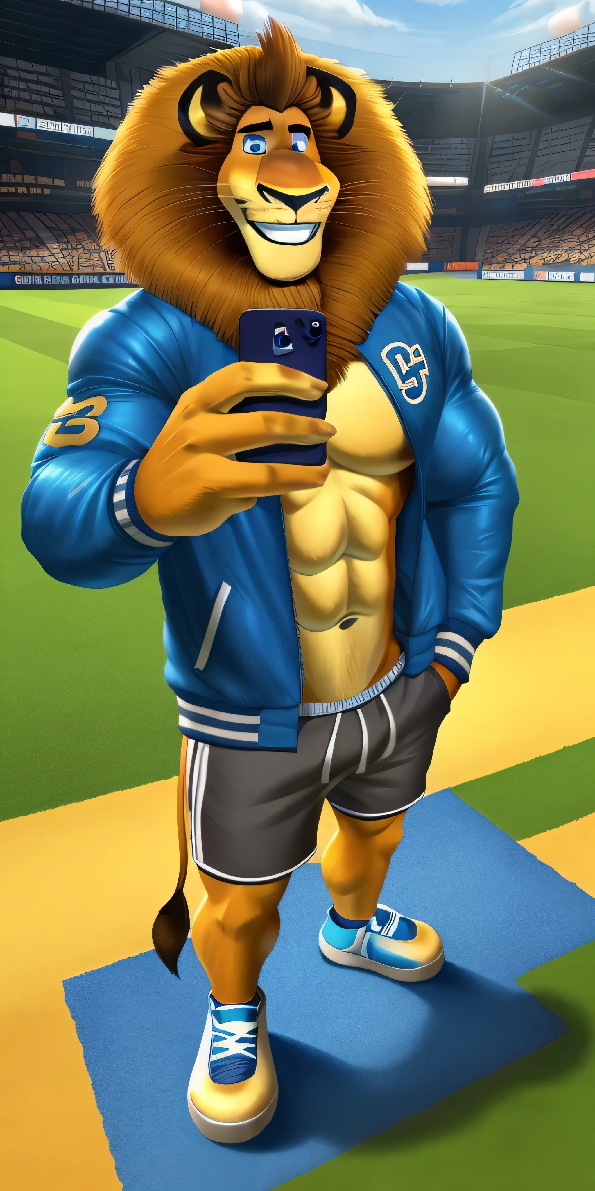 Alex the Lion, muscular body, big biceps, extremely beautiful and cute face, perfectly detailed blue eyes with perfectly detailed pupils, wears blue sports jacket,  shorts, grey sneakers, sports ground background, selfie, gentle look, cute smile