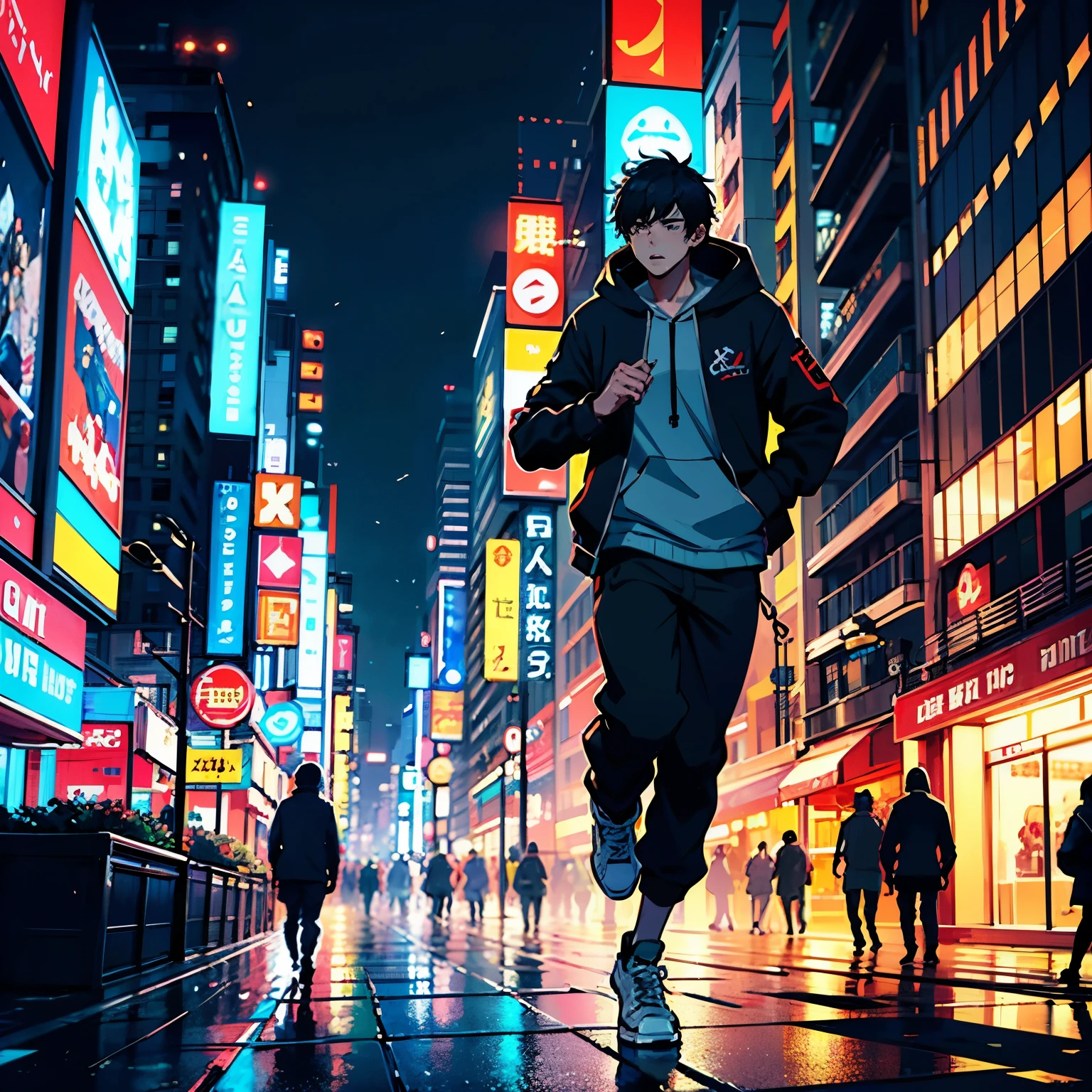 Vibrant anime-style illustration set in a bustling, neon-lit cityscape at night. The layout features a young male character with short, dark hair and fair skin running confidently in the foreground. He is dressed in a modern, urban outfit consisting of a black jacket, white hoodie, gray pants, and high-top sneakers. The background is filled with towering skyscrapers adorned with bright, colorful signs and advertisements in multiple languages, mostly in shades of red, blue, and yellow. The streets are wet, reflecting the myriad of lights, and a few pedestrians can be seen in the distance, adding depth to the scene. The overall atmosphere is dynamic and energetic, capturing the essence of a futuristic metropolis.