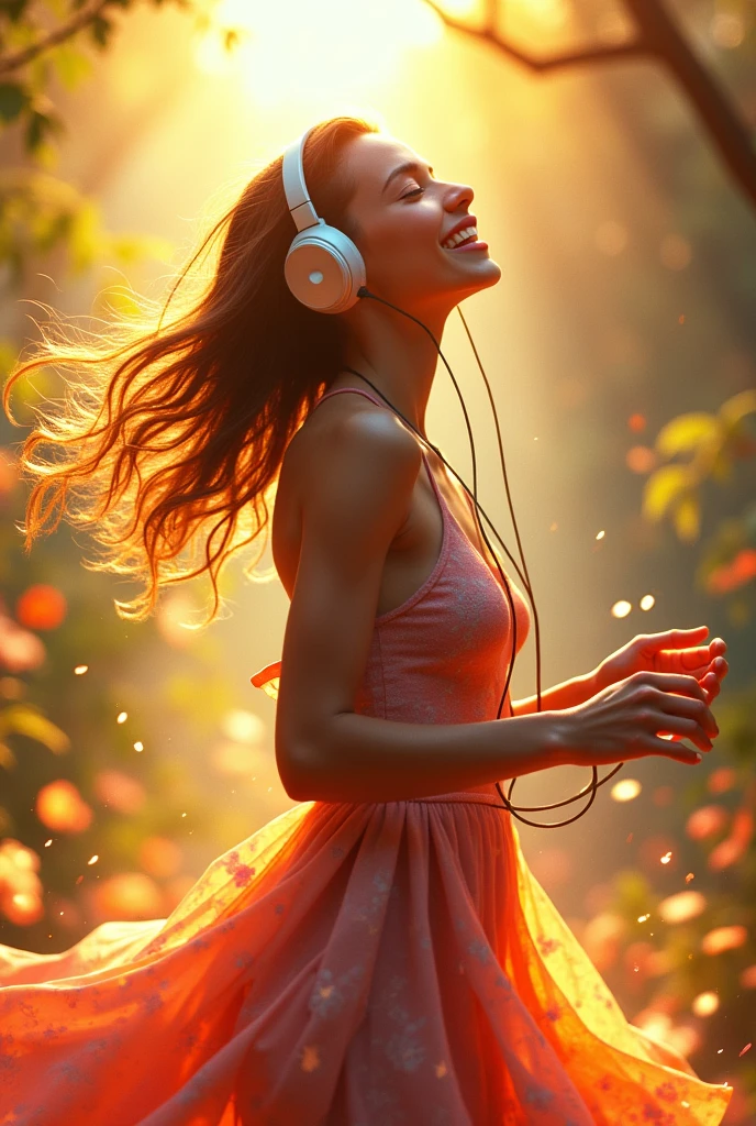 A woman wearing headphones listening to music and dancing in the bright sun , The rays of gold and living multi-color fill the space