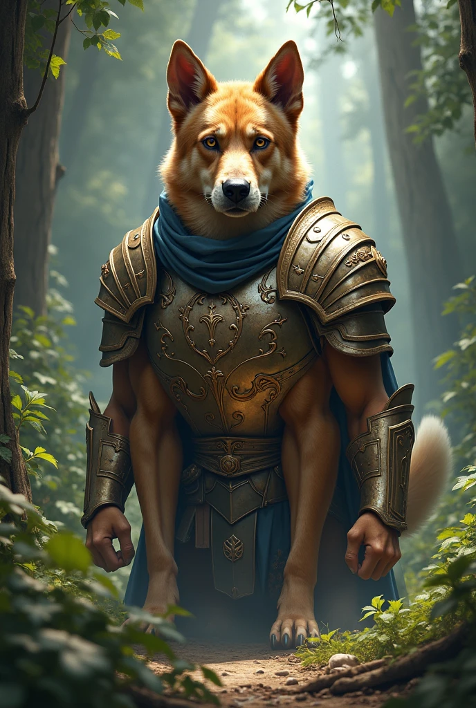 Create a brave looking dog wearing armor walking in the forest, surrounded by enemies