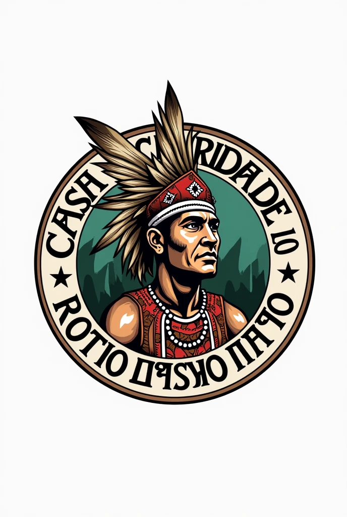 Make a round logo that has the name Casa Charidade do Caboclo Rompe Mato and the image of an Indian