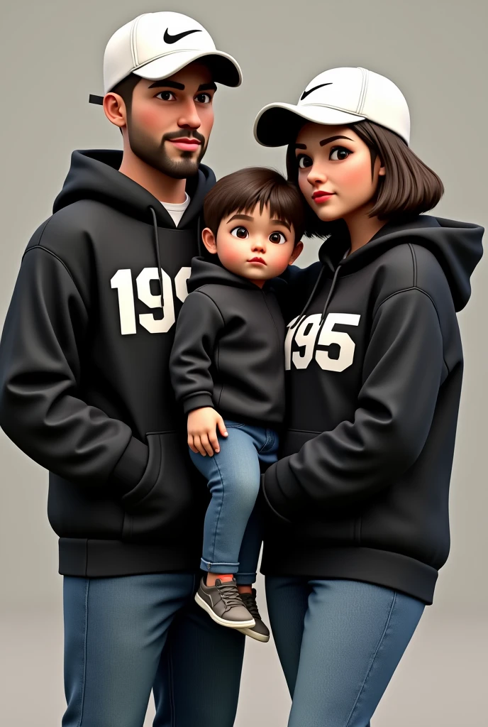 3D a man without beard with white nike cap,wear black hoodie with number 1998 on hoodie ,wears blue jeans while standing besides a  woman with white nike cap with short shoulder hair, wear black hoodie with number 1995 on hoodie ,wears blue jeans holding one year old boy with black hoodie . All looking at camera