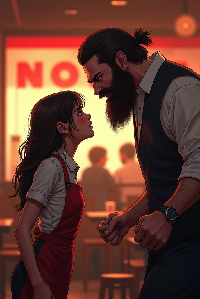 innocent waitress going away when angry man with beard shout at her. in NANDOS resturant in background