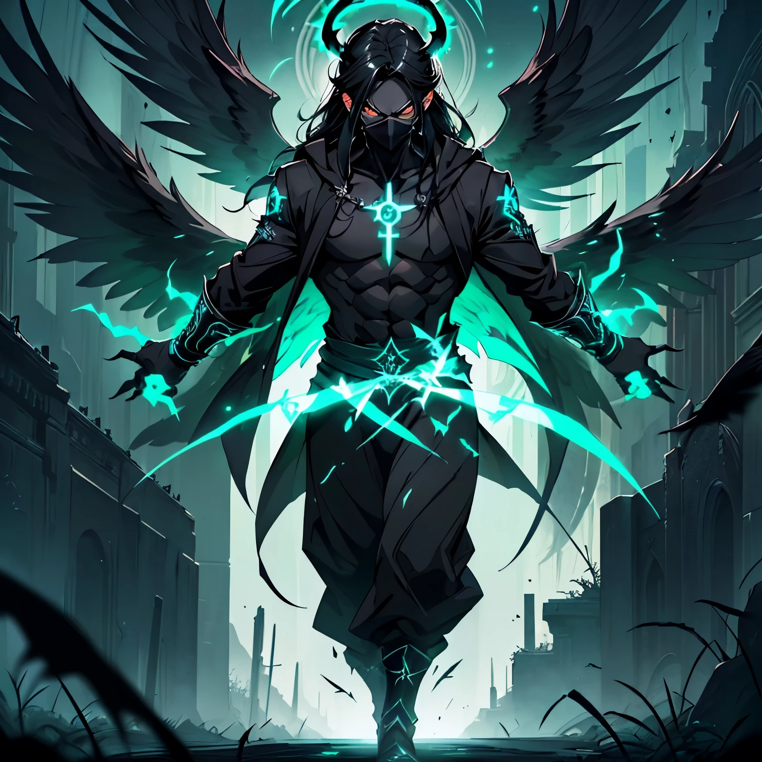 (four arms, four black wings:1.43), highly detailed, full body portrait of a man wearing a black metal mask with green runes that only shows his eyes, masterpiece, best quality, ultra high res, beautiful, stunning, elegant, incredible details, detailed, aura, flying feathers, (dark green theme:1.1), glowing green eyes, cinematic lighting, ultra-high quality, 8k, full body, man, long flowing black hair, handsome, pale white skin, black long skirt, (no shirt, abs:1.1), green details, (dark magical energy enveloping arms:1.4), looking at viewer, posing, charging a green energy with hands, cifer ulquiorra, big claws, (full face black mask with green runes:1.2), (hundreds of black wings:1.3), (angelical black halo:1.25), (big black demonic tail:1.2), desert background, solo, crazy looking, menacing, (anime style:1.5)