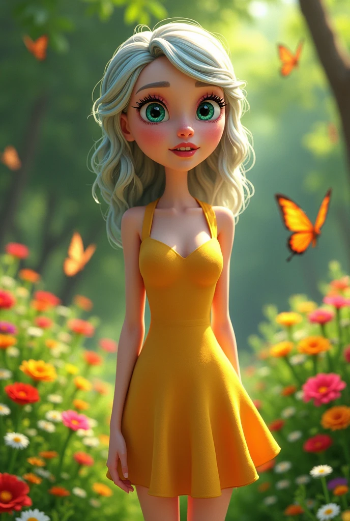 a female character from the animated series Rick and Morty, wearing a summer dress, standing in a lush green garden with vibrant colorful flowers, butterflies flying around, beautiful detailed eyes, beautiful detailed lips, extremely detailed face and skin, long eyelashes, elegant pose, soft lighting, warm color palette, (best quality,8k,highres,masterpiece:1.2),ultra-detailed,(realistic,photorealistic,photo-realistic:1.37),digital art,concept art,vibrant colors,dynamic composition