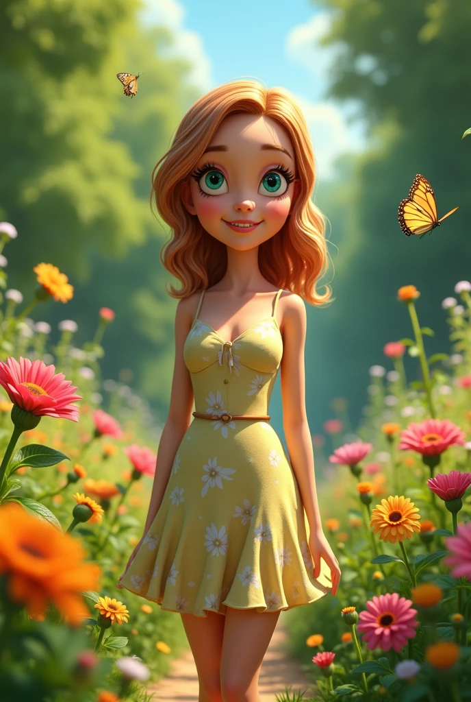 a female character from the animated series Rick and Morty, wearing a summer dress, standing in a lush green garden with vibrant colorful flowers, butterflies flying around, beautiful detailed eyes, beautiful detailed lips, extremely detailed face and skin, long eyelashes, elegant pose, soft lighting, warm color palette, (best quality,8k,highres,masterpiece:1.2),ultra-detailed,(realistic,photorealistic,photo-realistic:1.37),digital art,concept art,vibrant colors,dynamic composition