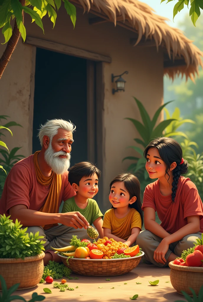 Ramū with his family, gathered in front of their small home, enjoying a simple meal together. The family is happy and content, surrounded by baskets of freshly harvested crops. Ramū looks at his family with pride and relief, knowing that he has secured their future."