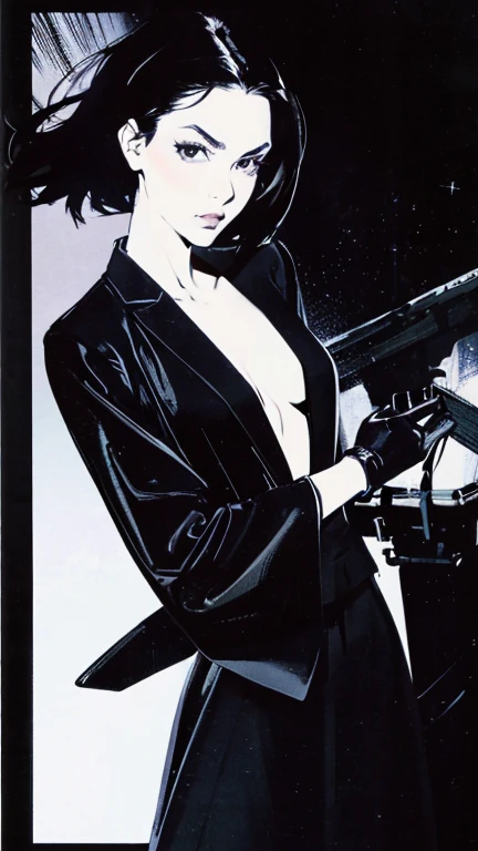 Black Hair、Cold look:1.5、Woman in her 30s、Dark Background、One Cool Lady:1.5、Anxious expression、night、whole photo、Dark Eyes、Black gloves、weak、、Interacting with Machine Lifeforms、Japanese manga style、Have a weapon