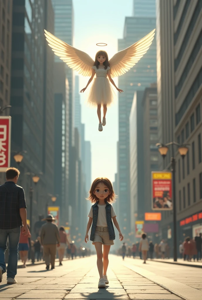 (photorealism:1.2), (8) A girl walking down the street and an angel watching her