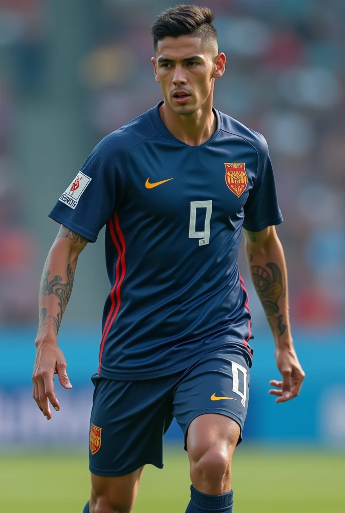 Create as professional , Uzbek man and his height 180 cm and 68 kg . With the best football uniform like football striker . Create this men with full suitable inform . This player age . Without any tattoo . White human . With too good psychic body . You can combine Fair Skin: Consider cooler colors like navy, royal blue, green, or charcoal.
* Medium Skin: You have more options! Try bolder colors like red, orange, yellow, or purple.
* Dark Skin: Warmer colors like brown, orange, yellow, or white can really pop.