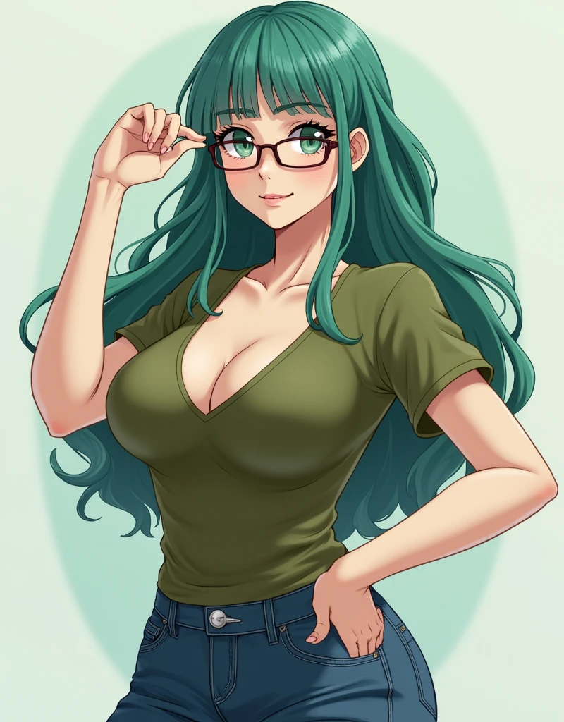 Masterpiece, best quality, 1girl, solo, 2, adult, teal and green hair, aqua eyes, voluptuous,  toned, 167cm, pale skin, glasses, seductive expression, olive green tshirt vneck, jeans,  cleavage, big chest ,  ,