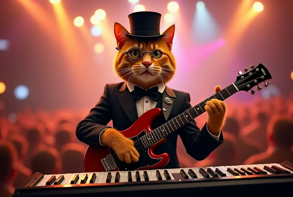 cat in the stage, kitty, cinematic angle, orange cat kitty, orange hair, wearing tuxedo, playing piano keytar,keyboard , top hat, monocle, bowtie, rock concert, rock festival,