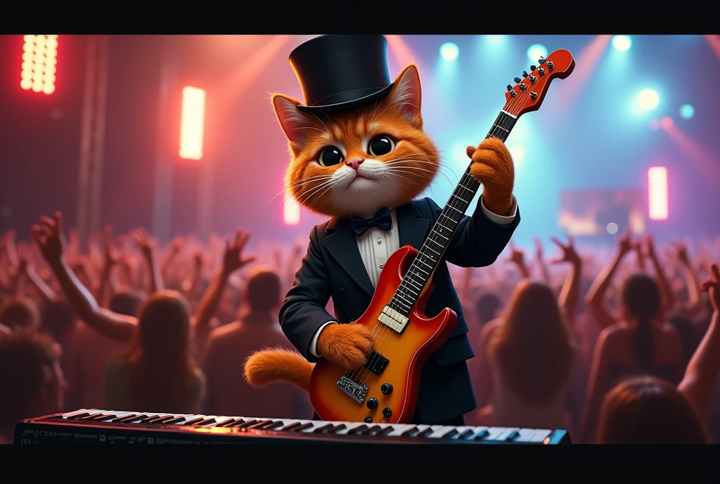 cat in the stage, kitty, cinematic angle, orange cat kitty, orange hair, wearing tuxedo, playing piano keytar,keyboard , top hat, monocle, bowtie, rock concert, rock festival,