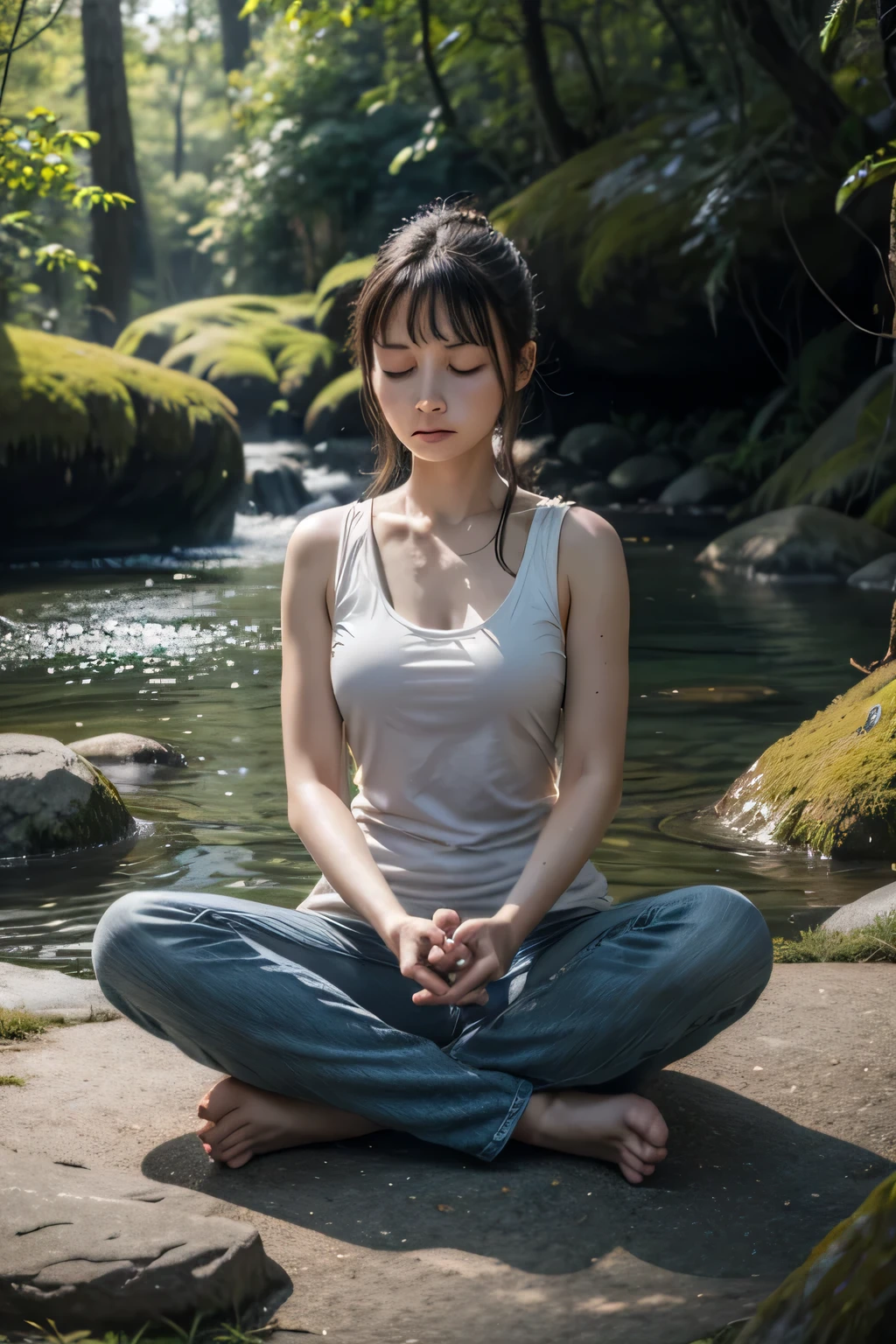 Woman meditating, in a natural environment