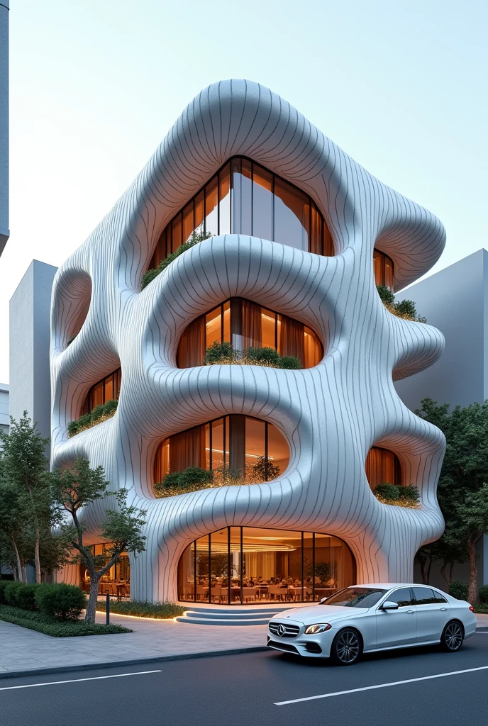 Line parametric resturant commercial building , exterior view , a car is parked in front of a parametric resturant , realistic architecture , concept commercial , 22 meters high , front view , high quality renderng , luxury architecture , realistic physical rendering , parametric commercial , installation architecture , parametric with line page ,