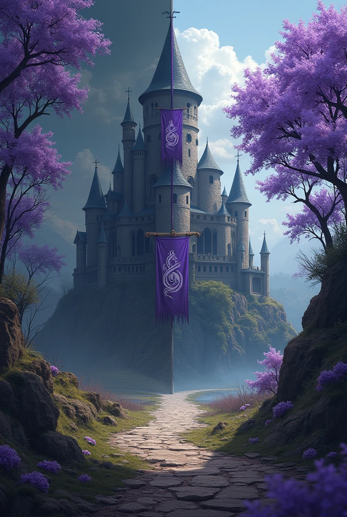 A castle in a landscape divided in two, on the left side is shady, Only on the left side the trees are dry and the surroundings are gloomy., the left side of the castle is neglected. On the right side everything is beautiful, only on the right side there are jacaranda trees with a beautiful purple color, On the right side of the castle is well maintained. On both sides a banner with the image of a violet Hydra embroidered on said standards.