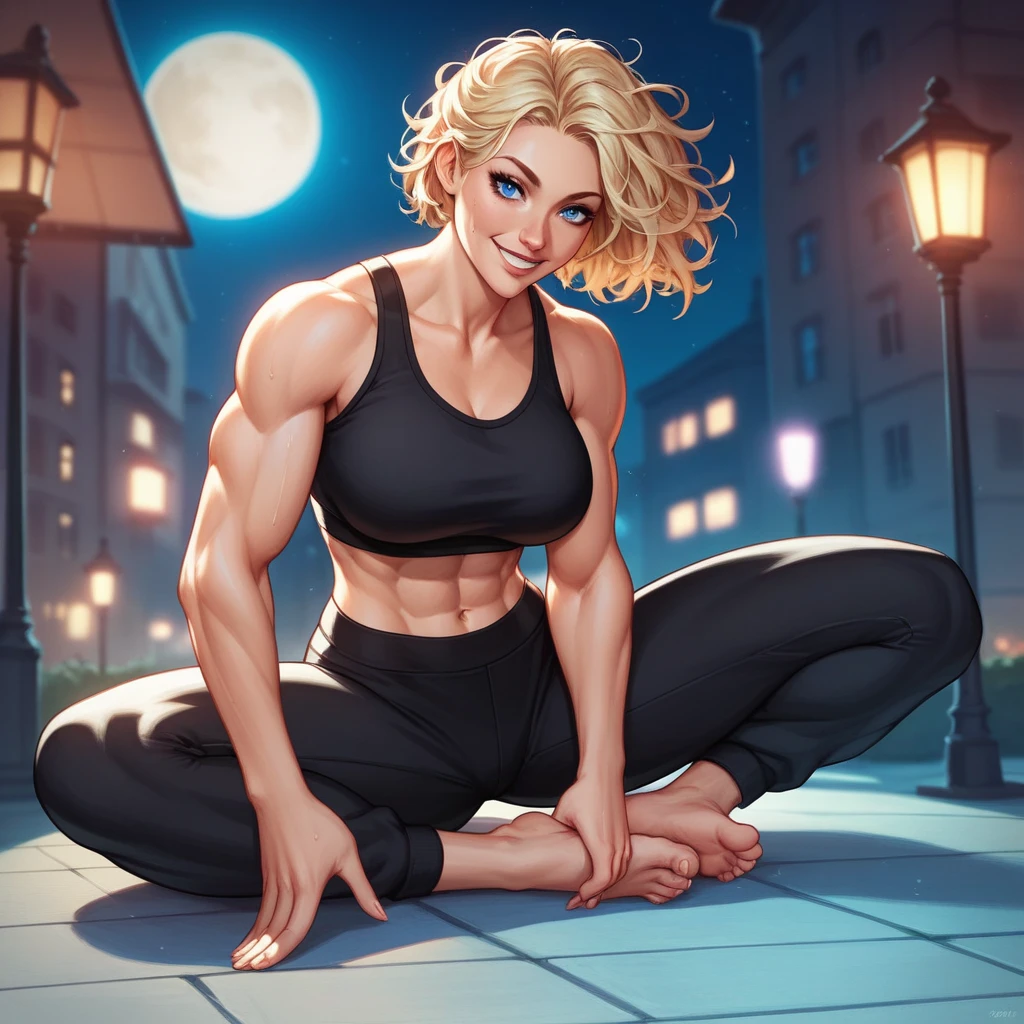 (masterpiece), Blonde Caucasian Woman, short hair, Messy Hair (Highest quality), Super Resolution, Very detailed, Perfect lighting, Athletic build, Strong and muscular, Large and firm breasts, Black sweatpants, Wearing a black top, Black leggings, Facial happiness, Focus on women, Preparing for battle, blue eyes, smile, barefoot, Manhattan at night, moon