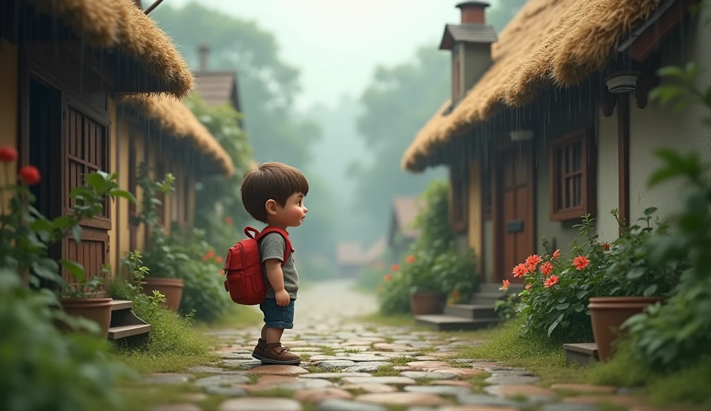 A young boy named Sam, around  with short brown hair and a red backpack, is walking through a small, charming village. The village has cobblestone streets, small houses with thatched roofs, and a light drizzle of rain.”