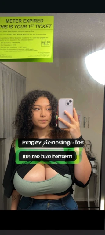 there is a woman taking a selfie in a mirror, greasy hair, frizzy hair, in her hair, messy curly hair, hair is the focus, her hair is in a pony tail, curly hair, a black man with long curly hair, her hair is white, text and a pale young woman, her face framed with curls, tessa thompson inspired, Big tits, huge tits , no clothes, sexy, cute, minimal clothes, thick, bbw, chubby stomach, thick nipples, nipple piercings, large areola, hard nipples, piercing through shirt, nipples hard through shirt, busty, major cleavage, naked, ripping through top, spilling over sides, bra too tight, giant , extra wide hips, upper body zoom in, showing off huge , fat stomach, see through top, fat bbw, large areola showing, major cleavage, latina, down to stomach, wide hips, sexy, upper body zoom, thick arm, showing off , top half only, showing only upper, only a bra, showing off cleavage, naked, big showing, big out, no clothes
