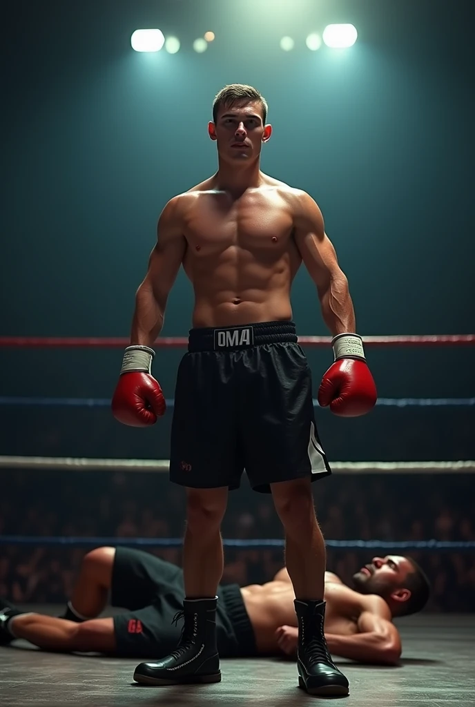 Handsome young boy boxer knock out in boxing match