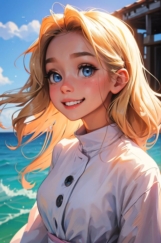 female child, bege and white clothing, portrait, close-up, Paula has seven years old, her tiny frame often swallowed by the oversized, tattered clothes she wears. Her blonde hair, a striking golden hue that seems to defy the grimness around her, falls in soft, wild waves, often tangled and adorned with little bits of string or fabric she finds. Despite the harsh world she lives in, her bright blue eyes sparkle with innocence and her laughter is a rare melody in the bleakness.
Her face translates her adorable nature, a canvas of gentle features: round cheeks that flush a soft pink when she laughs, which is often, and a button nose that scrunches up endearingly when she smiles. Her lips are small but constantly curled into a grin that radiates kindness.
