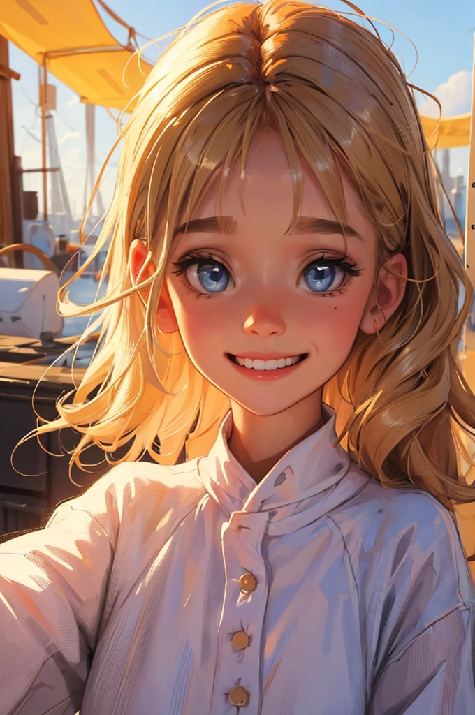 female child, bege and white clothing, portrait, close-up, Paula has seven years old, her tiny frame often swallowed by the oversized, tattered clothes she wears. Her blonde hair, a striking golden hue that seems to defy the grimness around her, falls in soft, wild waves, often tangled and adorned with little bits of string or fabric she finds. Despite the harsh world she lives in, her bright blue eyes sparkle with innocence and her laughter is a rare melody in the bleakness.
Her face translates her adorable nature, a canvas of gentle features: round cheeks that flush a soft pink when she laughs, which is often, and a button nose that scrunches up endearingly when she smiles. Her lips are small but constantly curled into a grin that radiates kindness.
