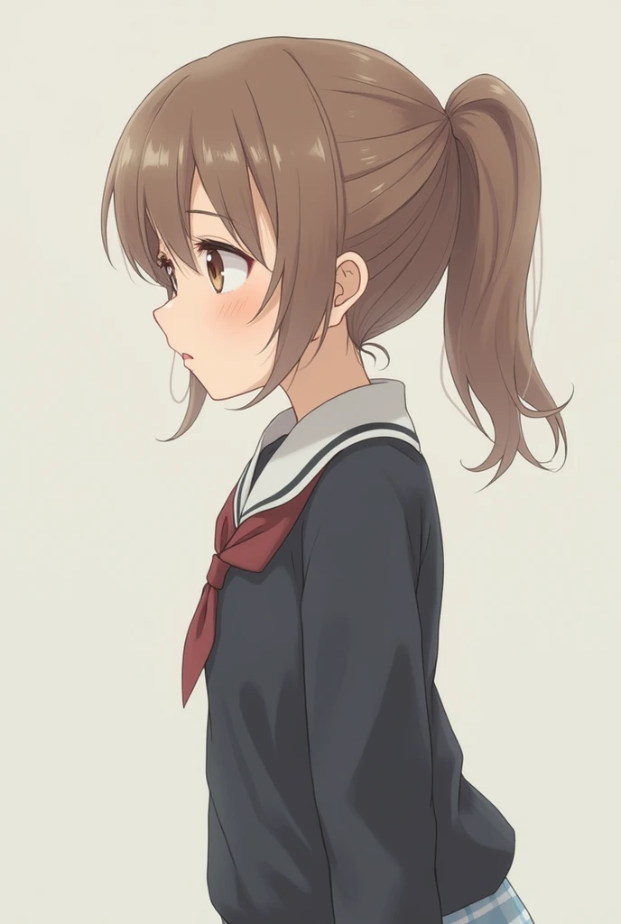 Generate an image based on what I present to you, it is for a full face and body novel  .

Kasumi Mogi:

Physical appearance: Mogi is a short girl, with a delicate and fragile figure. Her hair is light brown and she wears it in a ponytail., which gives it a youthful and innocent air. Her eyes are large and hazel in color., expressing a mix of vulnerability and sadness. His uniform always looks a little disheveled, which reflects his unstable emotional state.
Personality: Mogi is an extremely sensitive and emotionally unstable person.. Guilt and fear consume her, and often feels overwhelmed by the situations she faces.. However, He has a kind heart and cares deeply about others., although her fear paralyzes her.